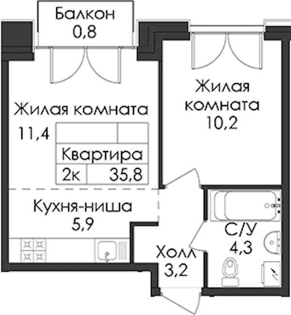 1-комнатная квартира 35.8 м², 5/9 эт., ЖК «Лермонтовский 54»